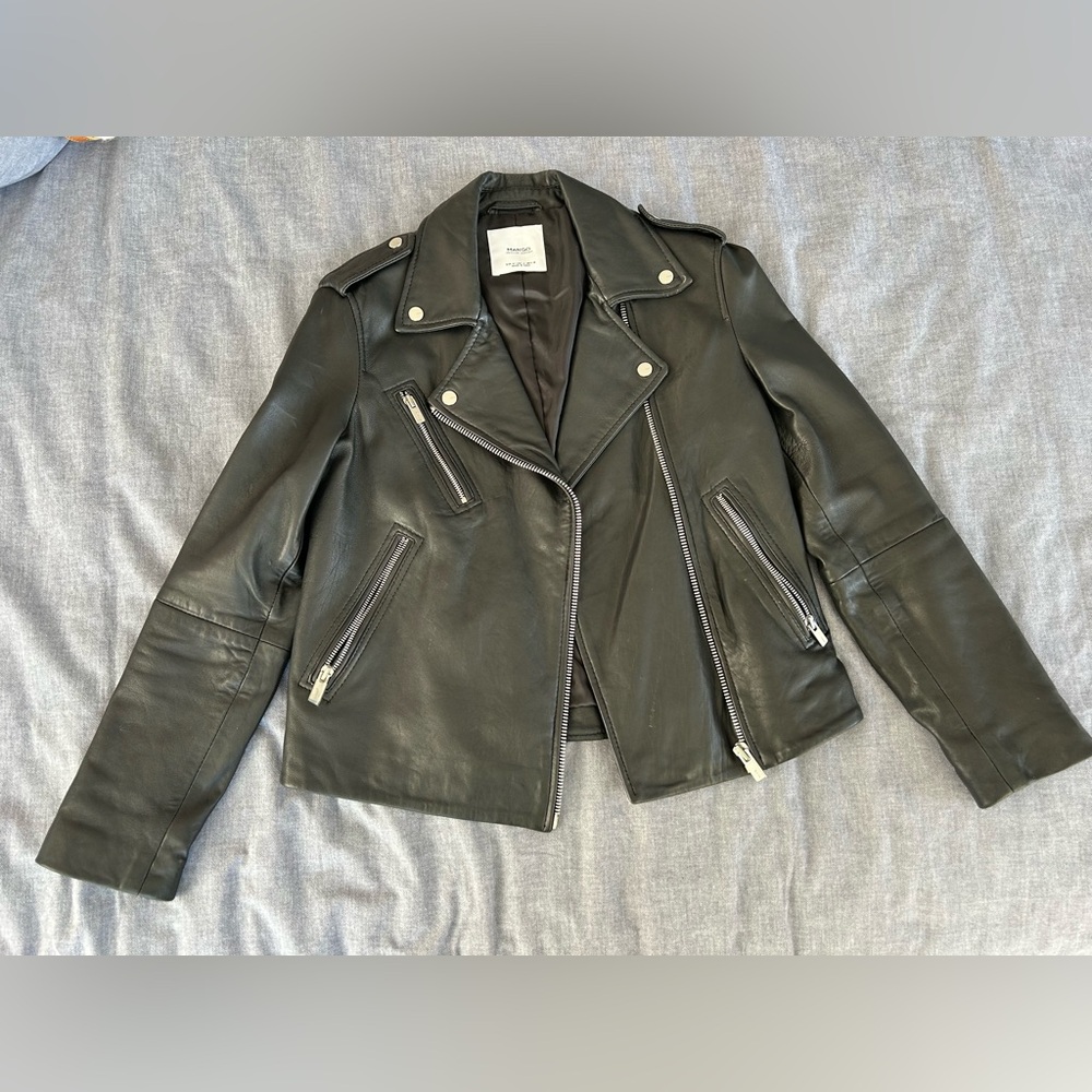 Mango Genuine Leather Biker Jacket – Size M – Classic Moto Style